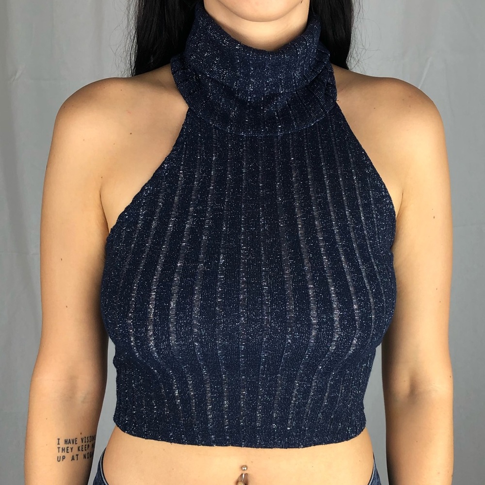 Sparkly Zara Disco Diva Turtleneck Blue Crop Top